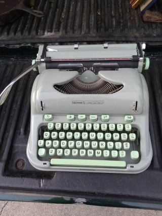 Vintage Green Hermes 3000 Portable Typewriter W/ Case & Handle