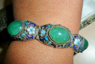 Antique Chinese Export Sterling Silver Jade Enamel Bracelet W/ Box
