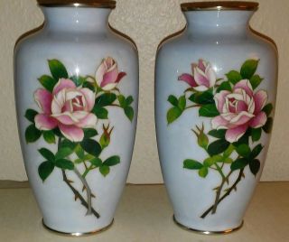 Pair Japanese Sato Enamel Cloisonne Vases Pale Blue With Flowers