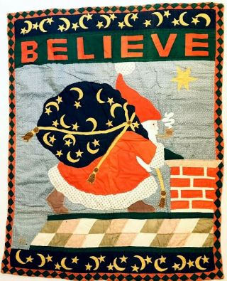 Vintage Mary Engelbreit Quilt Christmas Santa Believe Hand Stitched Wallhanging