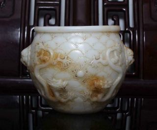 Old Fine Chinese Carved White Jade Incense Burner With Dragon H5.  91”
