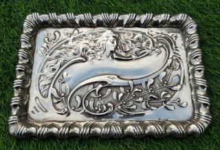 Vintage Antique Silver Plated Art Nouveau Tray Christmas Festive Lady Holly