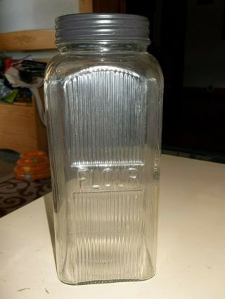 Retro Style Tall Heavy Ribbed Glass With Metal Screw Lid Flour Container Nwot