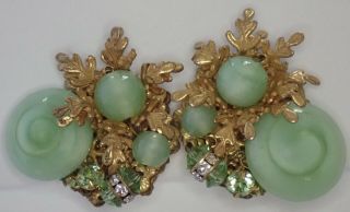 Vintage Miriam Haskell Gilt Brass Green Art Glass Rhinestone Flower Earrings