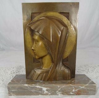 Vintage Virgin Mary Madonna Cast Bronze Figurine Statue On Marble Base
