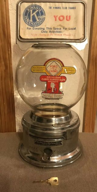 Vintage Ford Gumball Machine 1 Cent Penny Machine With Key Glass Globe