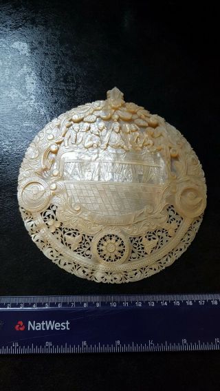 Antique Chinese Mother Of Pearl Carved Shell,  Circa 1900 Carved Jerusalem