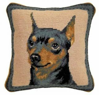 Min Pin Miniature Pinscher Portrait 100 Wool Needlepoint Dog Pillow 10 "