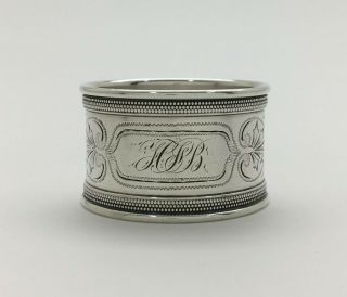 A Fine Antique Bright Cut Engraved Sterling Silver Napkin Ring " Hjb "