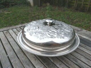 Large Ornate French Vintage Silver Plate Round Serving Dish With Cloche Dome Lid