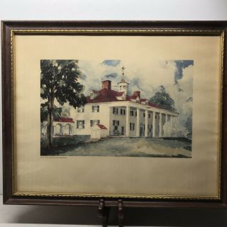 Vintage 1936 Framed Watercolor Print Of George Washington Home Mount Vernon Euc