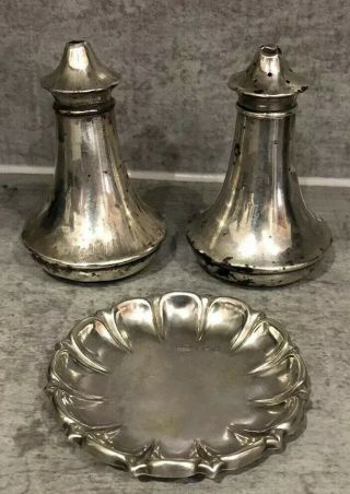 A &j.  Z Solid Silver 1904 Birmingham Salt And Pepper Shakers And 1923 Silver Dish