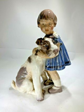 Vintage Large Dahl Jensen Dj Copenhagen Girl With Dog Porcelain Figurine 1085