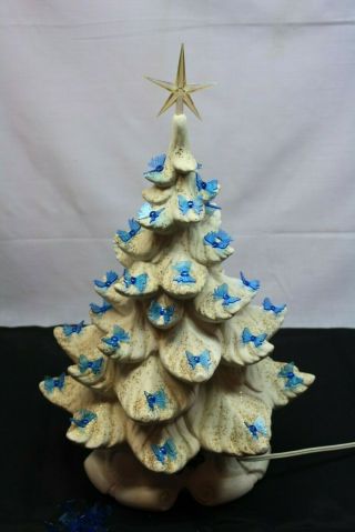 Vintage Atlantic Mold 17 " Ceramic Musical White Gold Christmas Tree Blue Bows