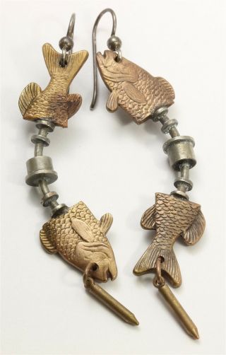 Thomas Mann Artisan Handmade Modernist Copper Techno Romantic Fish Hook Earrings