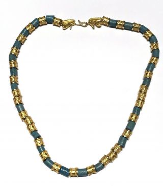 Vtg 70’s Mma King Tut Necklace Turquoise Faience & Gold Plated Bead Egyptian 18”