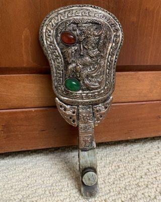 Antique Chinese Silver Copper Dragon Phoenix Carved Jade Belt Hook Hand Mirror