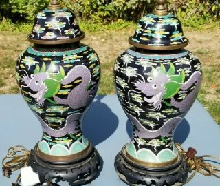 Antique Chinese Cloisonne Dragon Baluster Jar Lamps Pair 19th C.  Qing