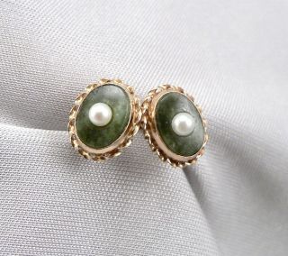 Vintage 14k Yellow Gold Oval Nephrite Jade Pearl Stud Pierced Earrings 1.  2 Grams