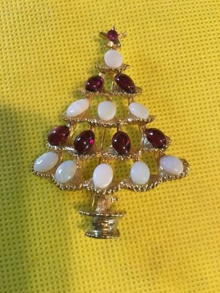Vintage Swoboda Garnet Gemstone Christmas Tree Pearl Gold Pin Brooch