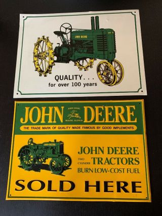 Vintage John Deere Embossed Metal Sign Two Cylinder Tractors Burn Low - Cost Fuel