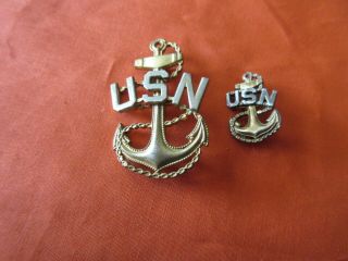 2 Wwii Usn U.  S.  Navy Anchor 2 Tone Chief Petty Officer Pin Gemsco,  N.  Y.