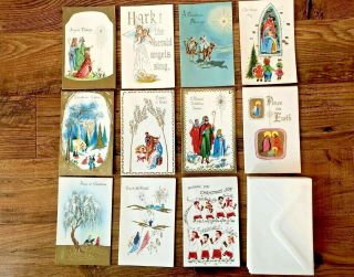 Vintage Box Of 31 Christmas Cards W Envelopes Mid Century Gold Gilded