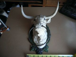 Cast Iron White Bull Head With Horns Vintage Country Towel Holder
