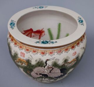 Vintage Large 14” Chinese Porcelain Koi Fish Bowl Planter Crane Birds,