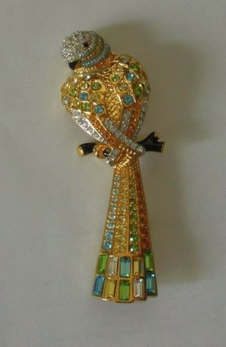 Retired Swarovski Signed Swan Logo Multi Colored Crystal 3 " Parrot Pin Brooch