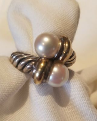 David Yurman Sterling And 14k Gold Bypass Cable And Pearl Ring Size 6.  5