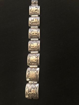 Vintage Peru Sterling Silver (925) & 18k Panel Bracelet Inca,  Maya,  Aztec,  Deity