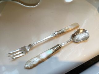 Antique Victorian Silver Plated & Mother Of Pearl Jam Spoon & Pickle Fork