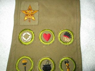 old 1930 ' s boy scout merit badge sash with 21 tan merit badges,  star rank 2