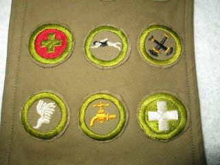 old 1930 ' s boy scout merit badge sash with 21 tan merit badges,  star rank 3