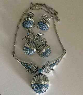 Coro Necklace Earrings Brooch Topaz Blue W/ Clear Baguette Rhinestones Pristine