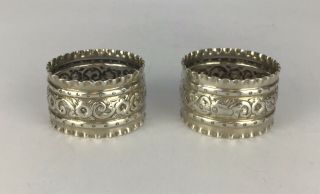 Uninscribed Victorian Silver Napkin Rings,  Flowers & Leaves,  Sheff 1895