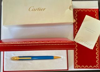 Cartier Must Trinity Blue Lacquer Gold Ballpoint Pen W/box & Paper Rare &