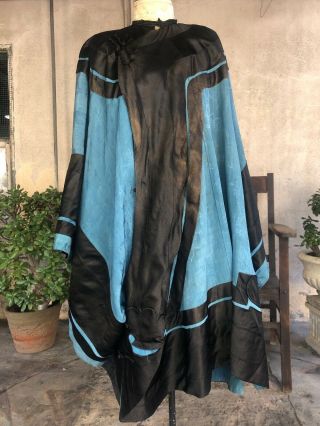 Antique Blue Silk Cheongsam Qipao Dress Robe Floral Brocade Black Trim Vintage