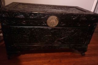 Antique Chinese Camphor Wood Hand Carved Chest Box