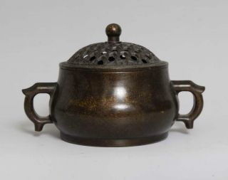 Old Chinese Bronze Double Ears Incense Burner With Lid Xuande Mk