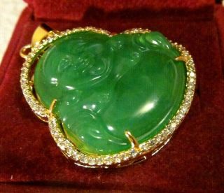 Vintage Carved Green Jade Buddha Clear Stones Gold Pendant
