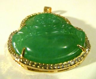 VINTAGE CARVED GREEN JADE Buddha CLEAR STONES GOLD Pendant 2
