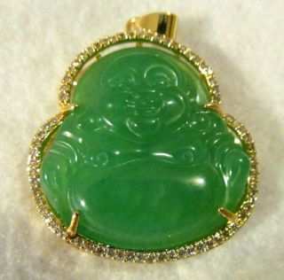 VINTAGE CARVED GREEN JADE Buddha CLEAR STONES GOLD Pendant 3