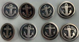 Sterling Silver Nautical Anchor Buttons,  Set Of 8,  Vintage,  Mx,  Taxco
