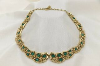 Vintage Trifari Gold Green White Rhinestone Necklace