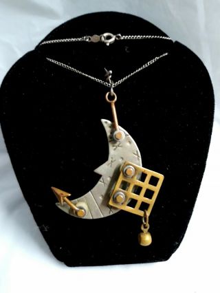 Thomas Mann Signed Mixed Metal Artisan Moon Pendant Necklace On Sterling Chain