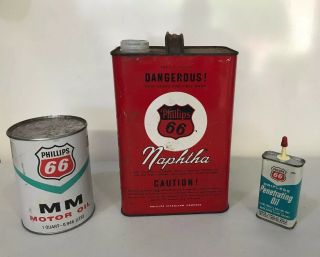 Vintage Phillips 66 Oil Cans & 1 Gal Naptha Can Empty.  Mm Motor Oil Can Is Full