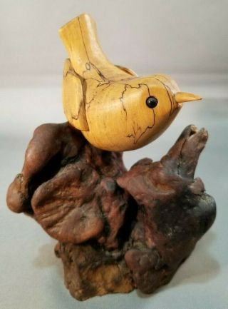 Vintage John Nelson Signed Bird Carving Burl Wood Wren Sculpture Folk Art 5 3/4 "