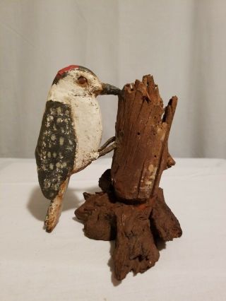 Vintage Wood Carving Bird Woodpecker Hand Carved & Painted On Log Folk Art
